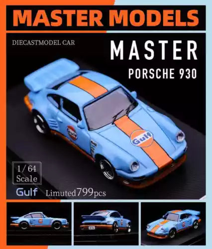 Diecast Porsche 930 toy car, light blue with orange Gulf racing stripes, 3/4 view.
