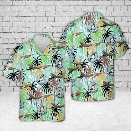Collared short-sleeve button-up shirt with tropical print and pants