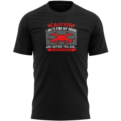 Men's black T-shirt with red drone graphic and CAUTION text
