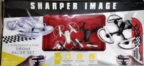 Dual drone racer set in retail box, red and white quadcopter drones