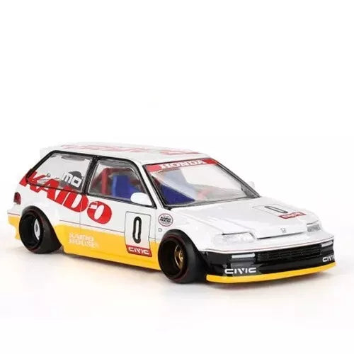 1:64 diecast model car, white Honda Civic with yellow wheels and Kanjo V1 decals