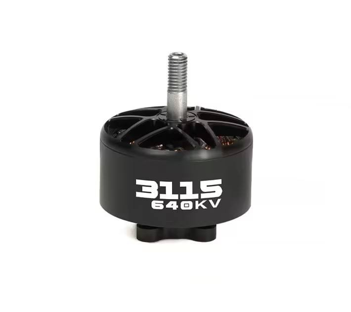 Black 3115 brushless RC motor with mounting shaft, marked 3115 640KV