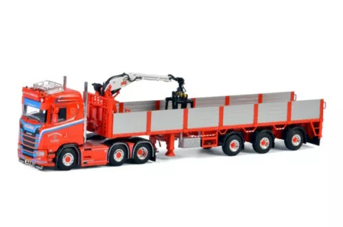 Red diecast Scania truck with white-and-red tipper dump trailer, 1:50 scale