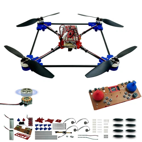 Quadrotor drone DIY kit with blue frame, four black propellers, red circuit board