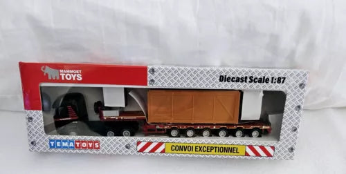 Diecast Scania 6x4 low board trailer truck with brown container, gift box