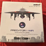 Quadcopter drone with camera, UFO-style with front gimbal on retail box