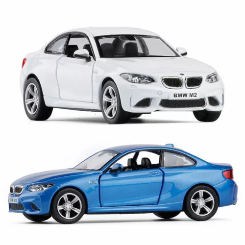 1/36 diecast toy car, white and blue BMW M2 coupe with detailed headlights
