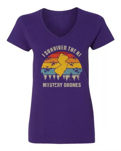 Purple ladies V-neck T-shirt with front graphic illustration and lettering