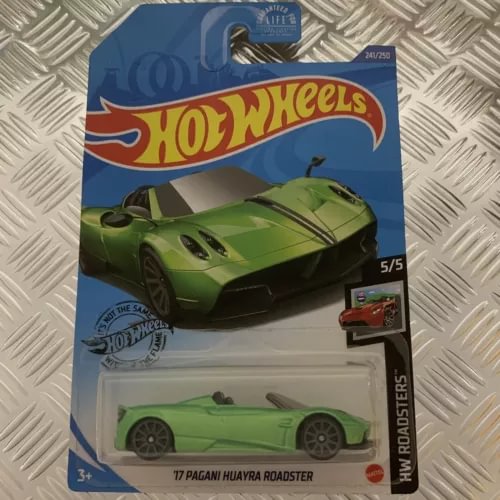 Green 1:64 diecast roadster toy car in Hot Wheels retail card packaging
