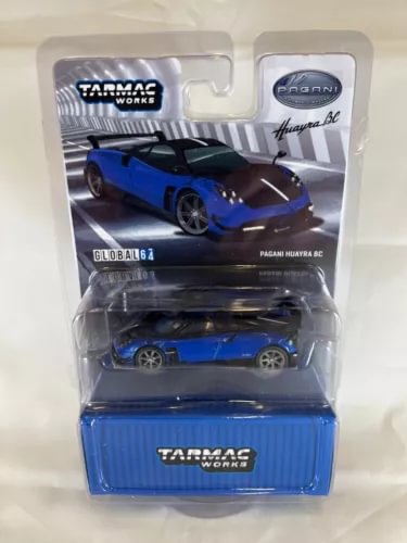 Blue Pagani Huayra BC diecast car model in retail blister package, Tarmac Works branding