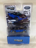 Blue Pagani Huayra BC diecast car model in retail blister package, Tarmac Works branding