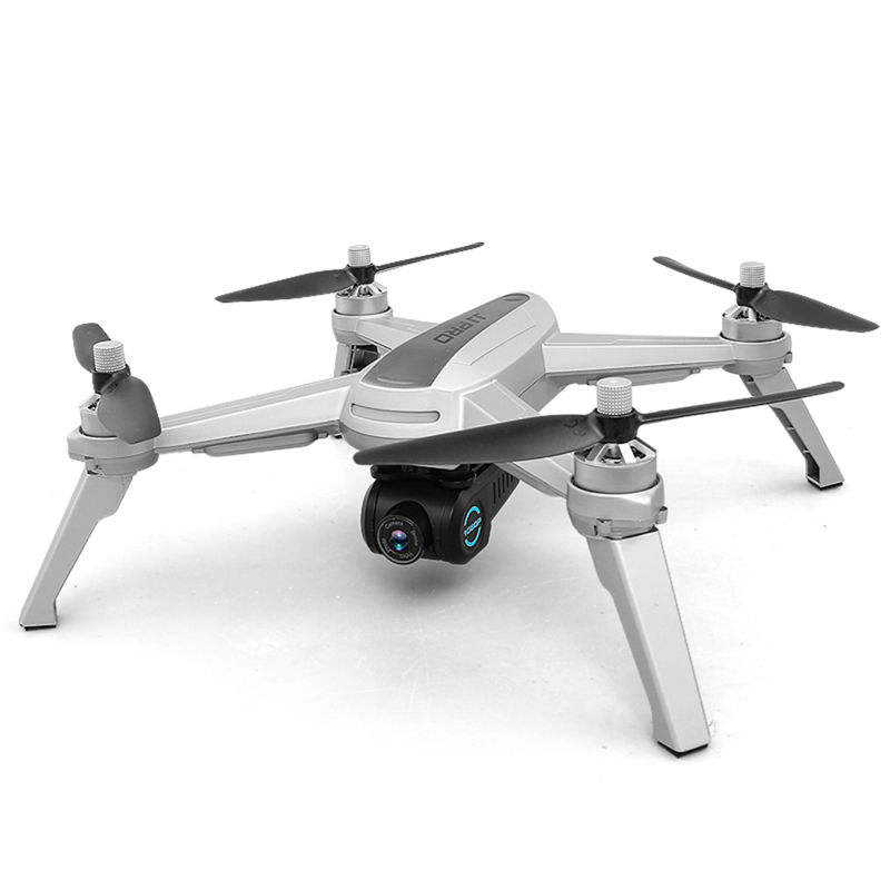 Quadcopter drone with front camera, four propellers, and grey body.