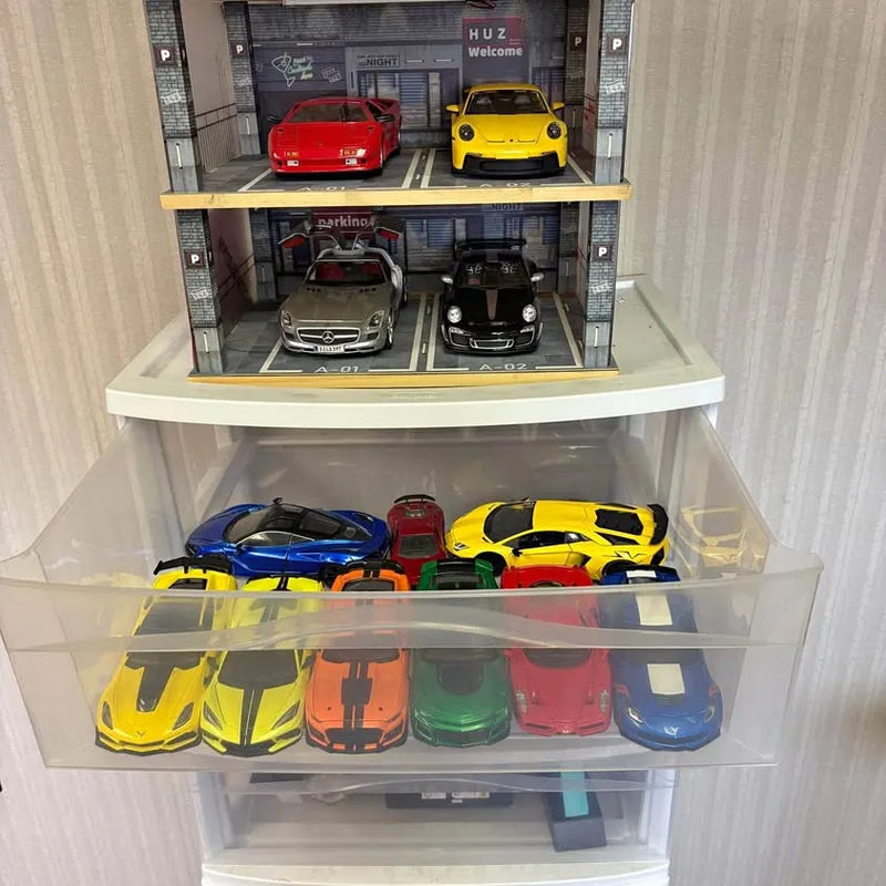 Diecast model car set in clear display case with yellow, blue, red vehicles