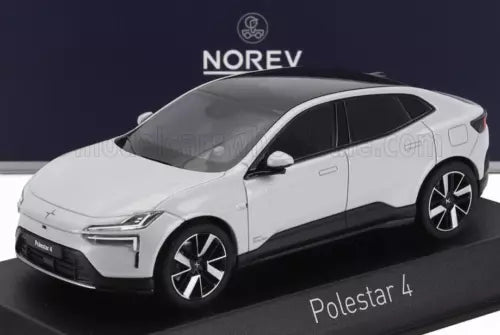 Diecast model car of Volvo Polestar 4 in light grey, front 3/4 view on display base.