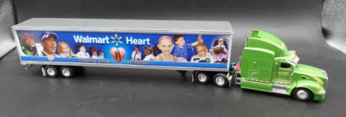 Green diecast truck with van trailer, printed Walmart Heart graphic on trailer