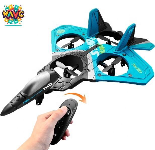 Blue and black mini RC jet toy with rotating propellers