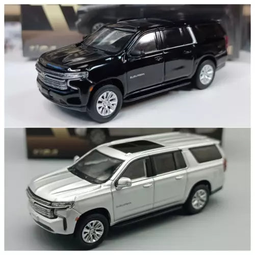 Diecast SUV toy car set: black and silver Chevy-style Suburban in metal finish