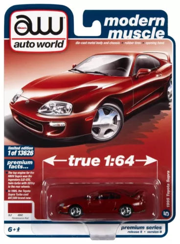 Red 1:64 diecast sports car toy, front three-quarter view, modern muscle styling