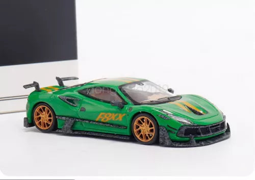 Green 1/64 scale diecast race car model with orange wheels, Ferrari Mansory F8xx