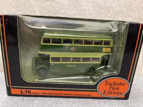 1:76 diecast utility bus model in green blister packaging, side view