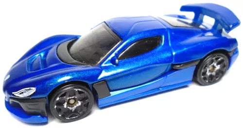 Blue diecast sports car with black wheels, side view