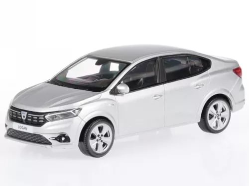 Diecast model car of Dacia Logan, white/silver hatchback, front three-quarter view, 1:43 scale