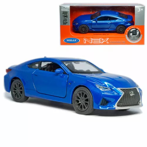 Blue diecast sports car model toy with front grille and headlights, black wheels