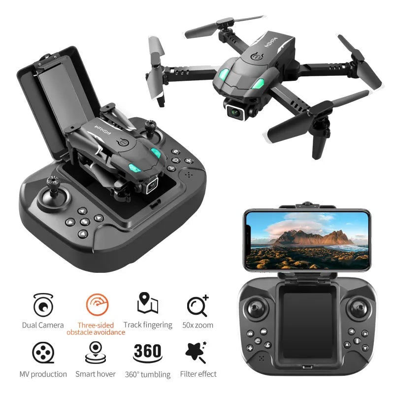 Mini RC drone with controller, FPV screen and front camera, foldable propellers