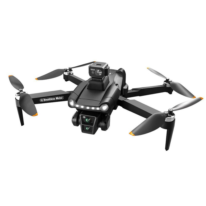 GPS-enabled quadcopter drone with front camera, four propellers, dark gray body