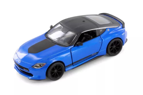 Blue die-cast sports car model with black hood and wheels, front 3/4 view