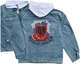 Blue denim hooded jacket with embroidered emblem patch