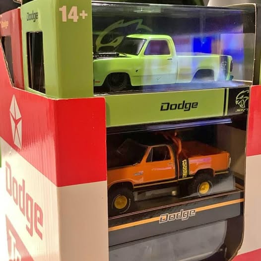 M2 diecast set box with green and orange Dodge trucks