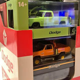 M2 diecast set box with green and orange Dodge trucks