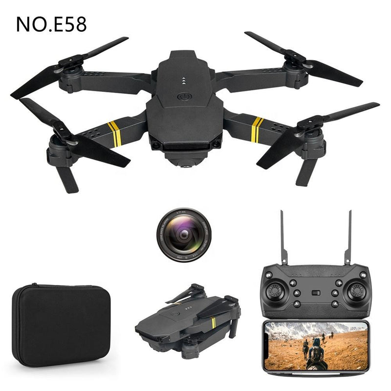 Black pocket quadcopter drone with camera lens, controller screen, and carrying case.