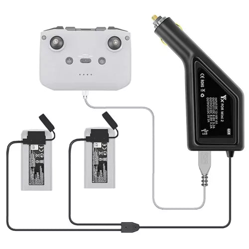 Car battery charger hub with car adapter, cable, and two drone batteries