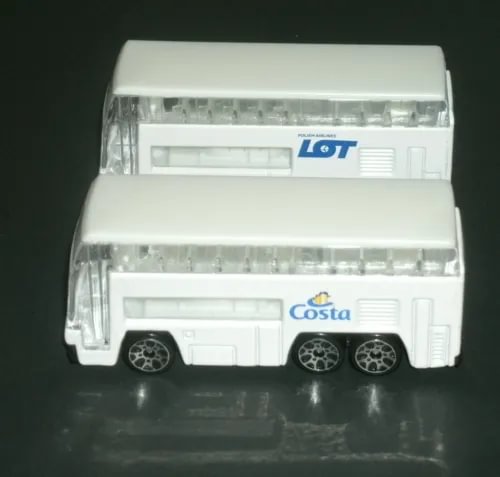 White diecast airport bus with LOT and Costa decals, detailed windows and wheels