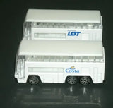 White diecast airport bus with LOT and Costa decals, detailed windows and wheels