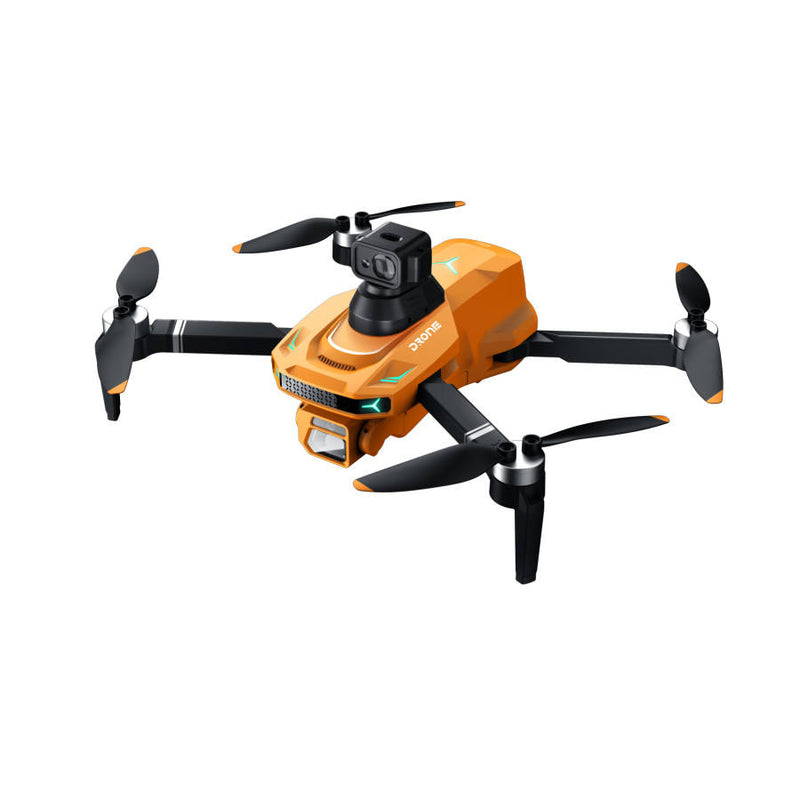 Orange mini quadcopter drone with 3-axis gimbal camera and four propellers