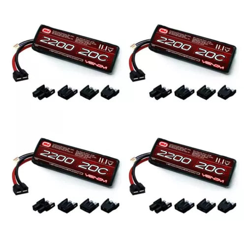 LiPo RC drone battery 4-pack, 2200mAh 3S with red/black leads and connectors