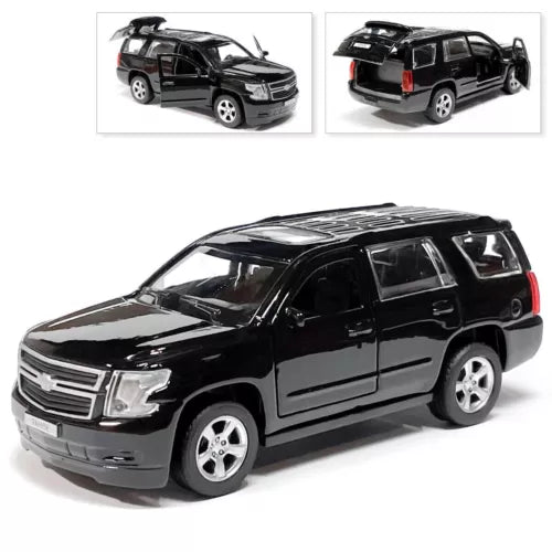 Black diecast SUV model car, front three-quarter view, chrome grille and wheels