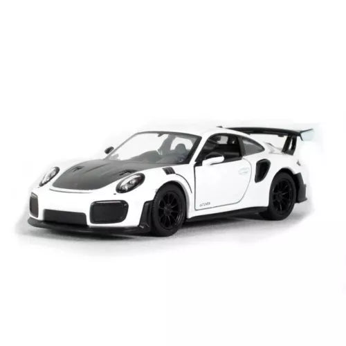 White diecast toy sports car with black wheels, front three-quarter view
