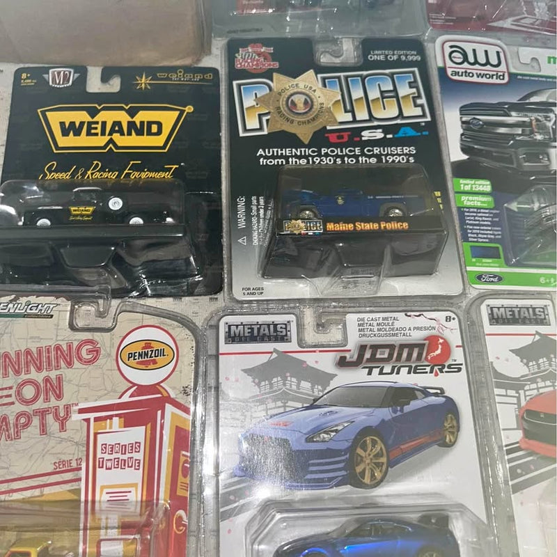 Diecast collector car model in retail box, blue sports car design, assorted packaging