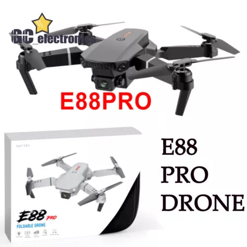 Foldable quadcopter drone with camera, gray and black body and four rotors