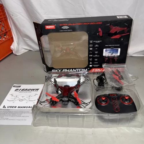 FPV quadcopter drone kit with red drone body and remote controller, in box packaging
