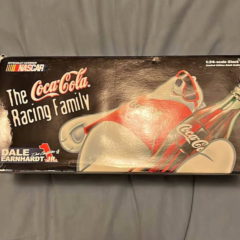 1/24 scale NASCAR diecast bank car box with Coca-Cola Racing Family graphic