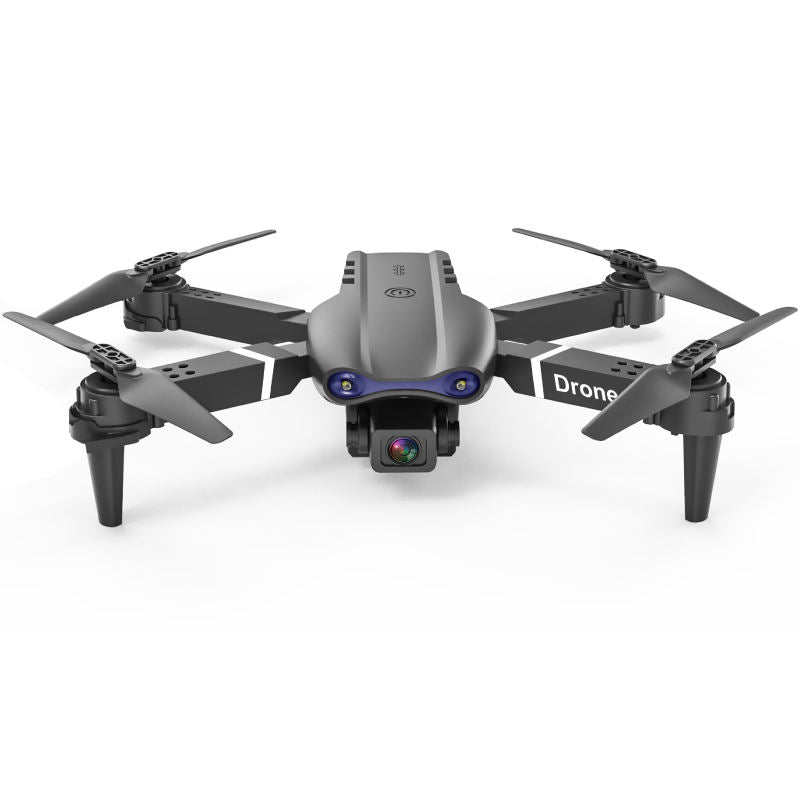 Quadcopter drone with front camera, foldable propellers, dark gray body