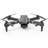 Quadcopter drone with front camera and four dark propellers