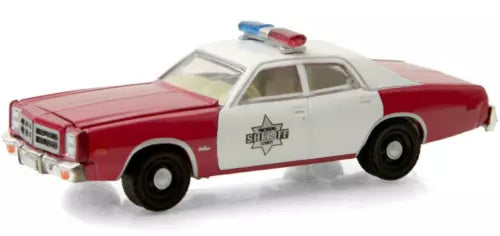 Red and white diecast sheriff car toy, 1977 Dodge Monaco, front three-quarter view