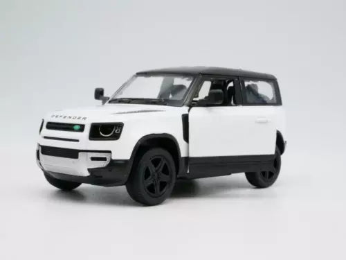 White 1:36 scale Land Rover Defender 90 diecast model car, front three-quarter view