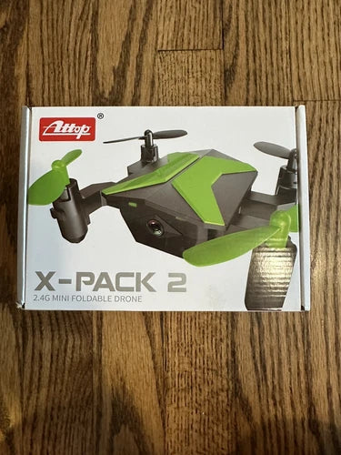 Mini foldable drone with green and black body, 2.4G, on retail box